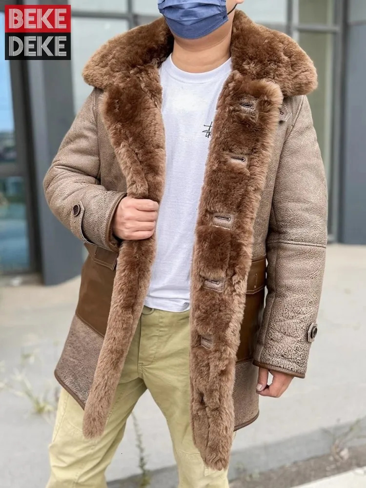 Mens Real Fur Coat Winter Thicken Warm Wool Lining Single Breasted Genuine Leather Shearling Jacket Middle Long Hooded Overcoat 241018