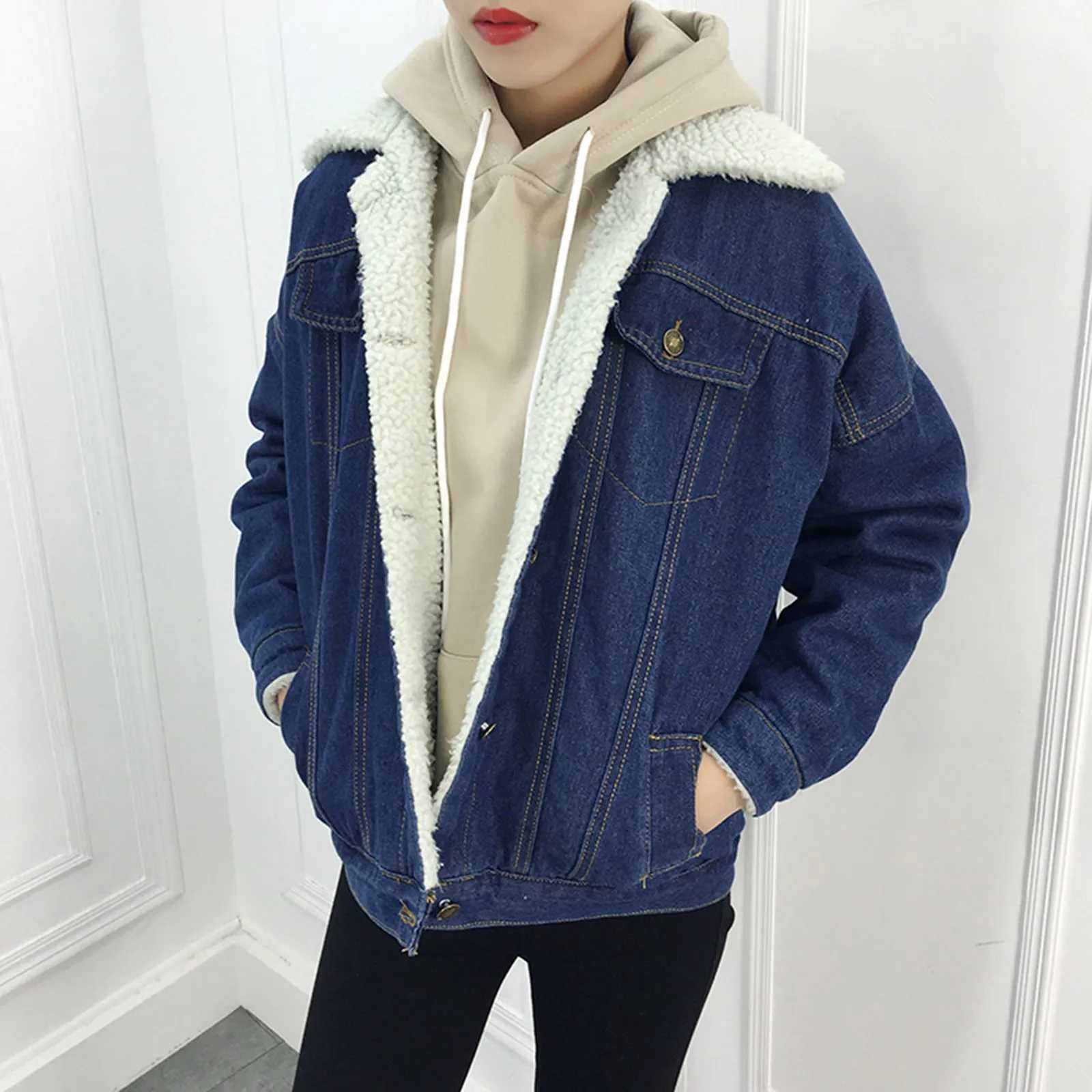 Vintage Women Lambswool Denim Jacket Women Autumn Winter Thicken Fleece Warm Denim Jacket Punk Long Sleeve Casual Loose OutwearX241018