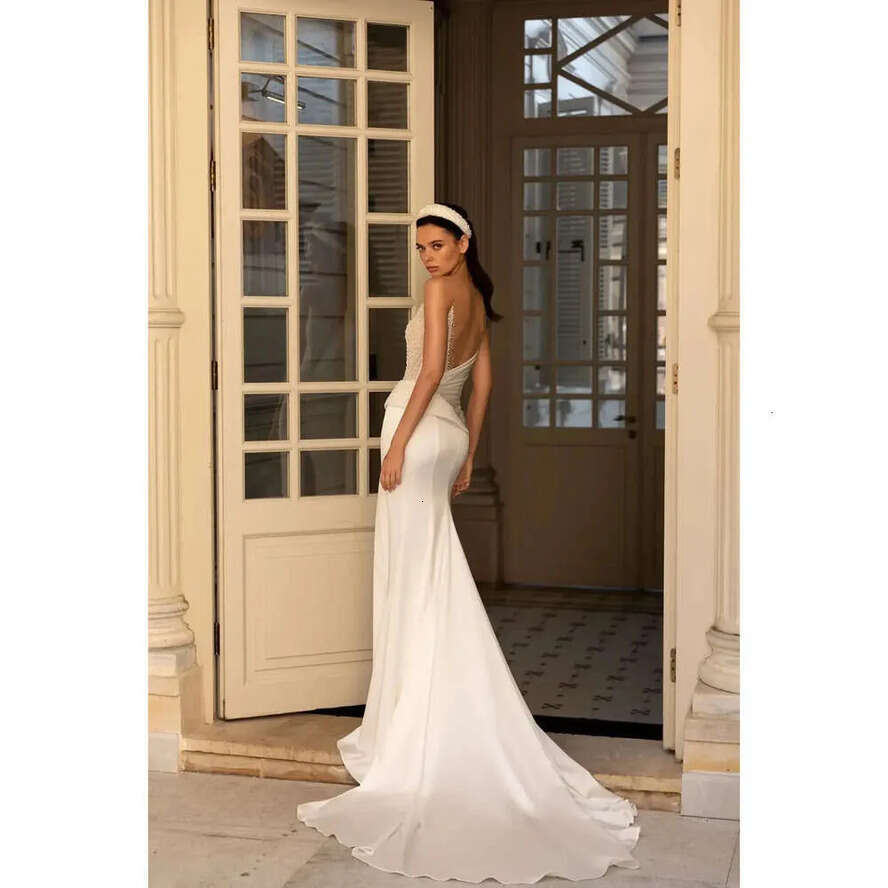 Transparent Mermaid V Collar Neck Elegant Wedding Tulle Design Beaded Satin Chiffon Split Trailer Plus Size Bride Gown Celebrity Dress Vestidos De Nov