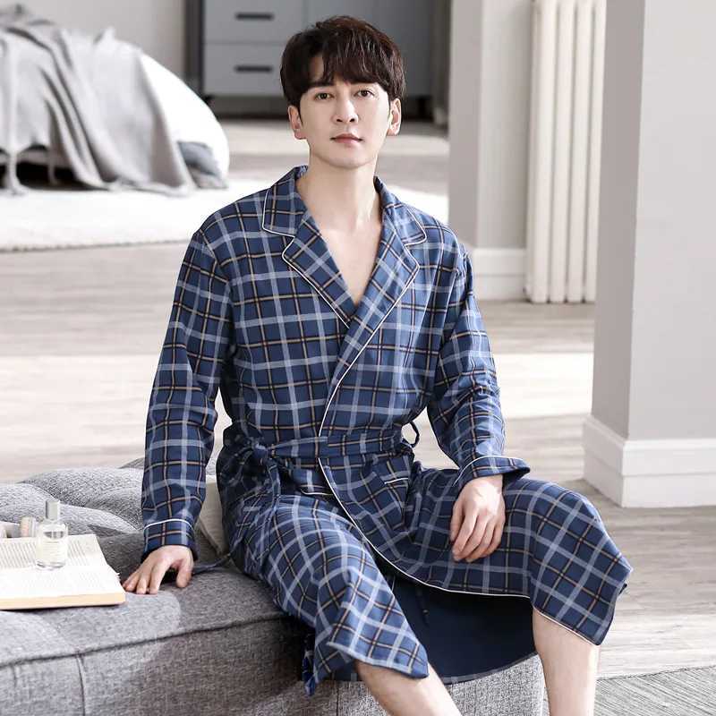 Mens Casual Plaid Long Nightgown Kimono Bathrobe Gown Cotton V-neck Intimate Lingerie Long Sleeve Spa Robes Sleepwear For MaleXJ241018