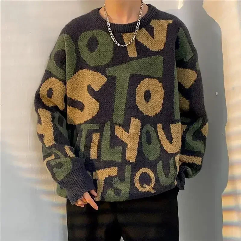 Mens Clothing Coat Crewneck Jacket Knit Sweater Male Round Collar Letter Pullovers Large Big Size Winter Thick Tops Trend 241018