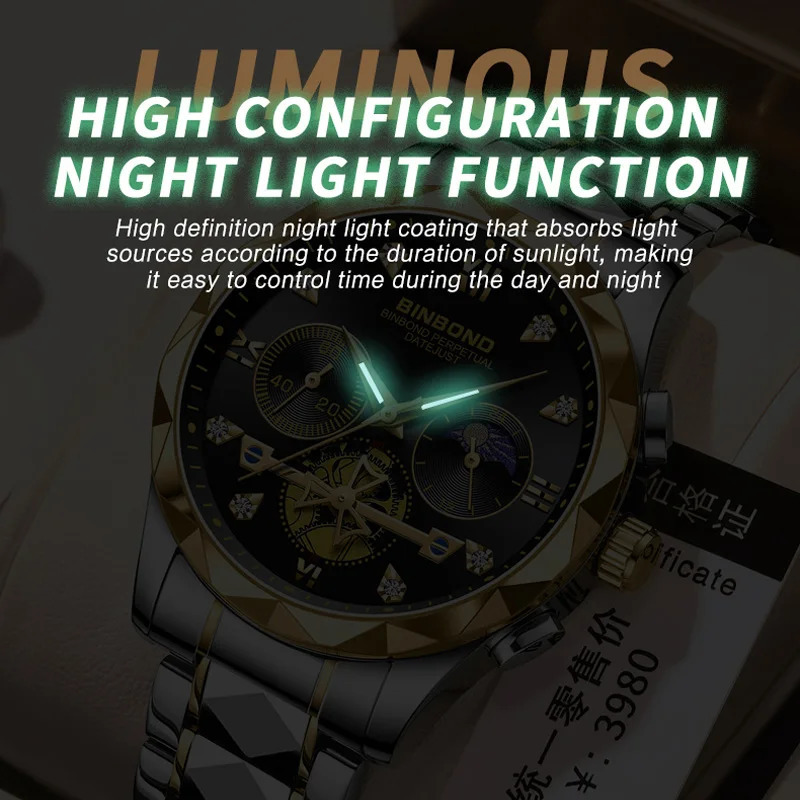 BINBOND Sports Watch Mens Waterproof Luminous Business Quartz Stainless Steel Fashion 241009