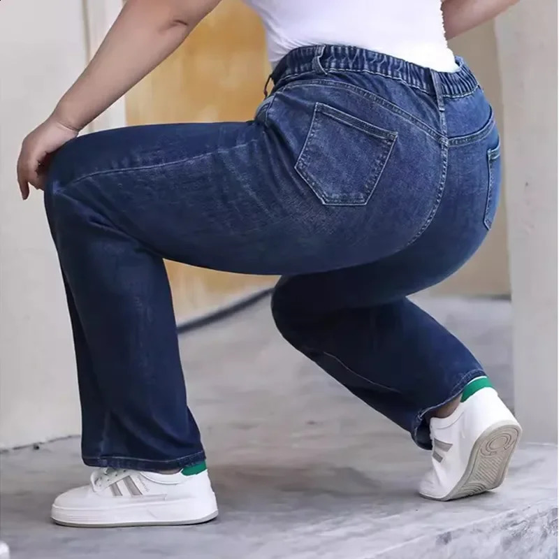 Straight Jeans Female Autumn Plus size 6XL 5XL High Waisted Loose Lady Classic Elegant Trousers Stretched Women Long Denim Pants 241007
