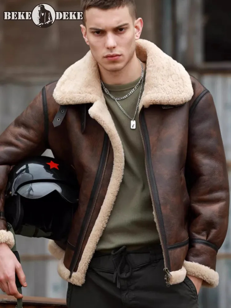 Classic Natural Real Fur Shearling Coat Men Zipper Streetwear Winter Warm Wool Mens Genuine Leather Pilot Motorcycle Jacket 241018