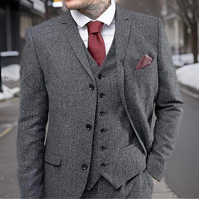 Woolen Tweed Men Suits For Winter Wedding Custom Casual Groom Tuxedos Male Fashion Clothes 3 Piece Jacket With Vest Pants