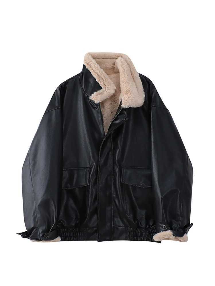 Winter Womens Faux Fur Leather Jacket Long Sleeve Oversize Warm Lambwool Thickened Coat Coffee Motorcycle Lapel PU Coat 2023X241018