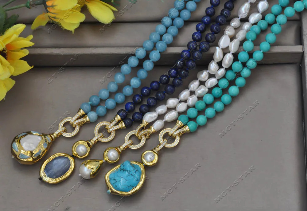 Z13029 32 natural round lapis lazuli lapis lazuli aquamarine gemstone pearl necklace plated with gold beads pendant 241017