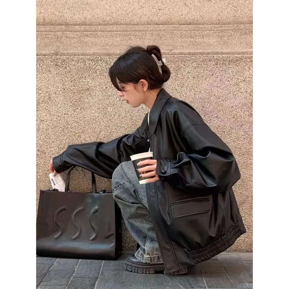 Motorcycle Vintage PU Leather Jacket Women High Street Oversize Moto Biker Coats Punk Loose Casual Cropped Outerwear