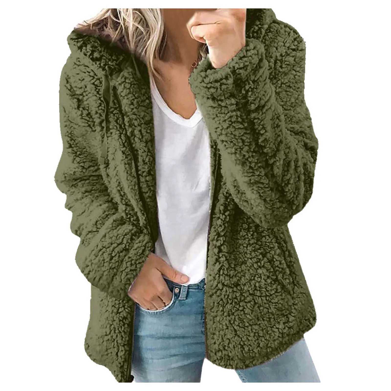 Women Fleece Hooded Sweater Solid Lamb Cashmere Cardigan Jacket Coat Ladies Casual Plush Autumn Winter Long Sleeve Cotton TopsX2410
