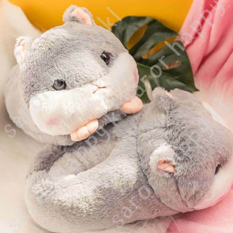 Cute Cartoon Hamster Design House Women Fur Slippers Gray Pink Brown Winter Warm Ladies Plush Shoes Onesize Fluffy Girls Slides 589