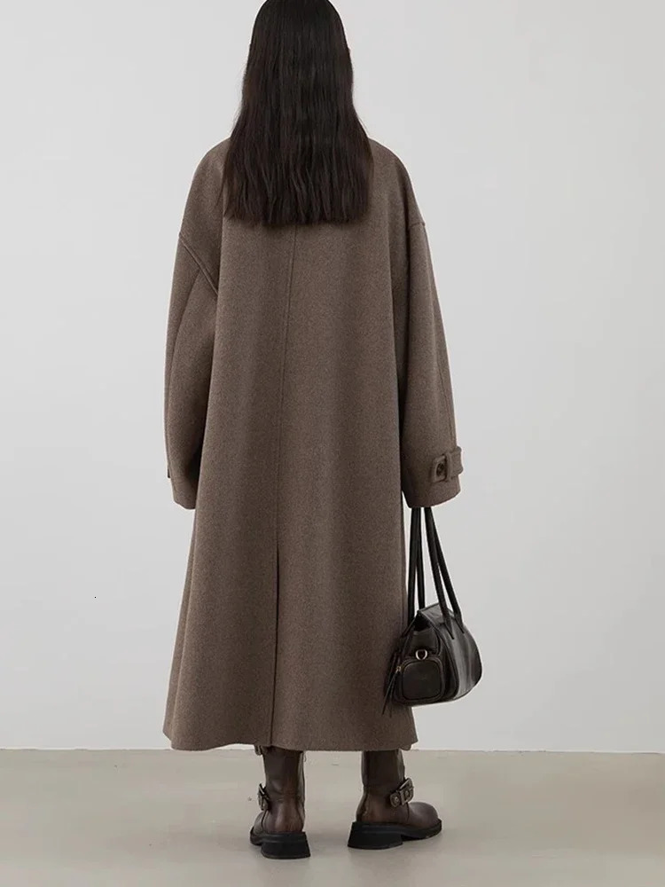 CHIC VEN Women Long Woolen Coats Single Breasted Loose Stand Collar Cow Horn Buttoned Office Ladies Overcoat Autumn Winter 241018