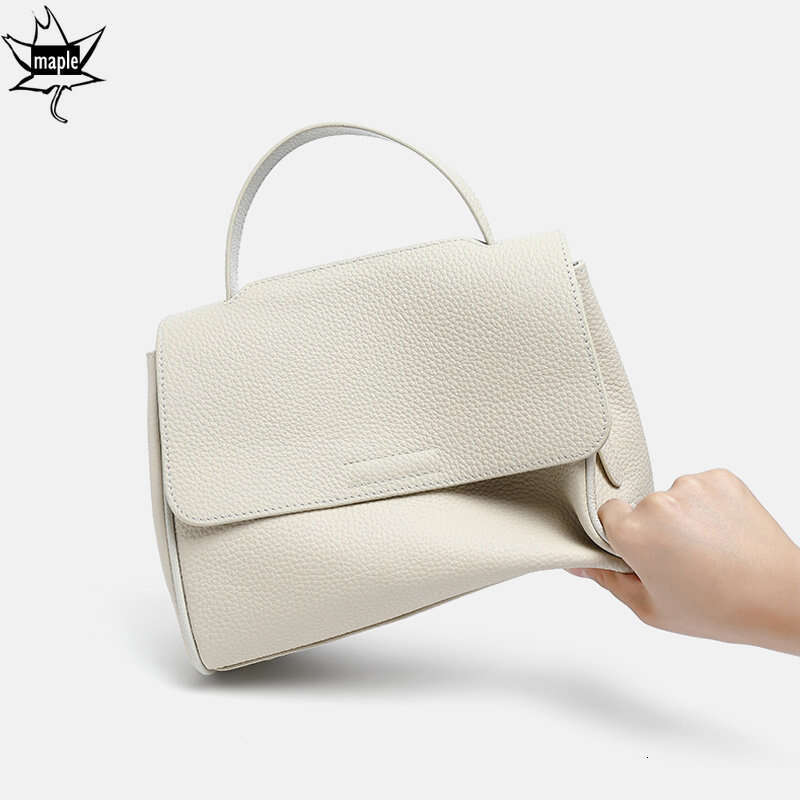 Elegant Beige White 2 Straps Shoulder Messenger Bag 100% Cow Leather Top-Handle Women Handbag Flap Crossbody Bags