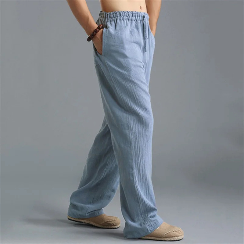 Summer Men Solid Color Linen Multi-pocket Straight Casual Pants Plus Large Size Breathable Comfortable Drawstring Loose Trousers 241010