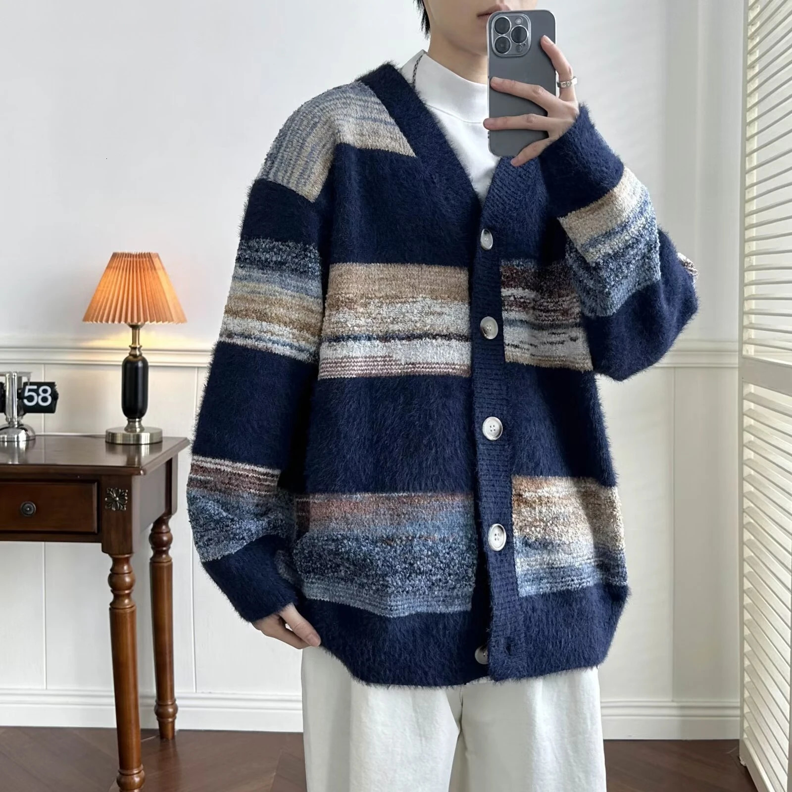 Striped Cardigan Men Chic Baggy Slouchy Vneck Japanese Style Harajuku Vintage High Street Knitting Sweaters Allmatch Autumn 241018