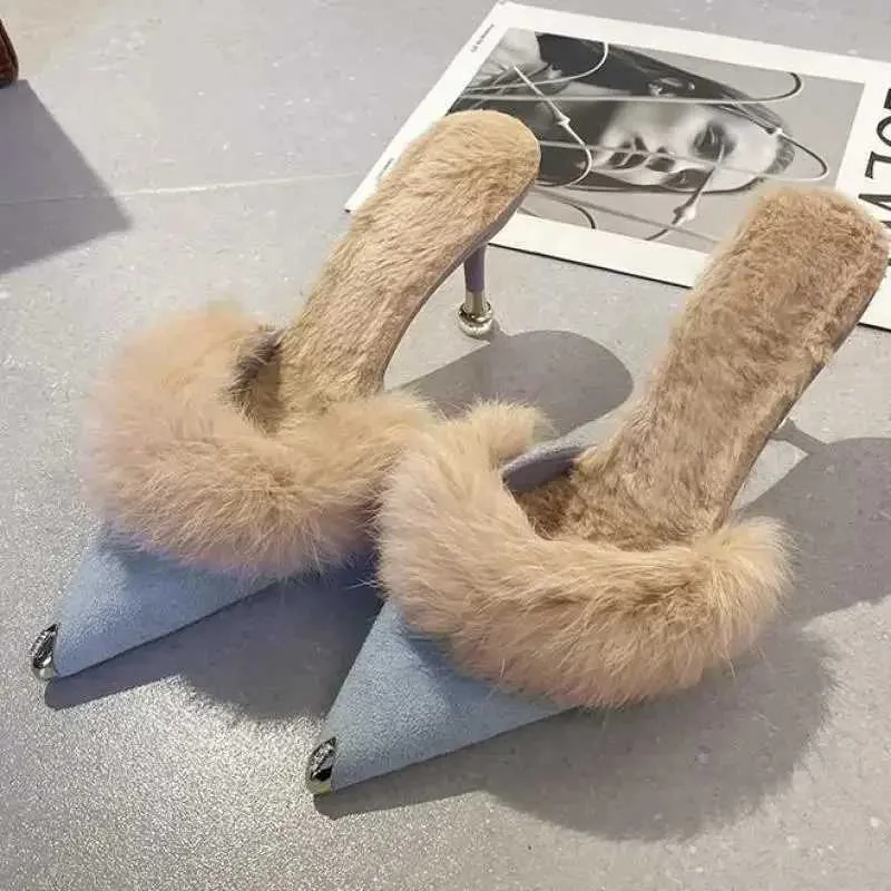 Fur Slippers Mules Pointed Toe Elegant High Heels Shoes Womens Autumn New Furry slipper Slides Flip ps Office Work Ytmtloy IndoorL464