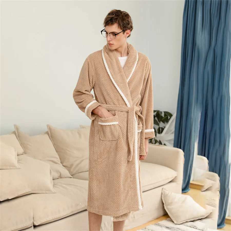 Warm Autumn Winter Flannel Men Bathrobe Thick Long Night Sleepwear Velvet Kimono Robe Mens Clothing Homewear Dressing GownXJ241018