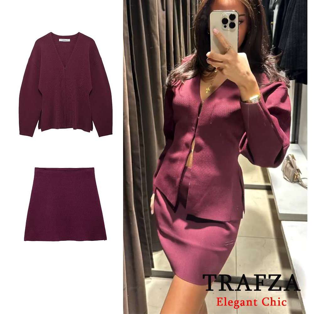 Trafza-Women Fashion Loose Knitted Top Coat And A-E Skirt New 2024 Spring Autumn Fall Bury Modern Set