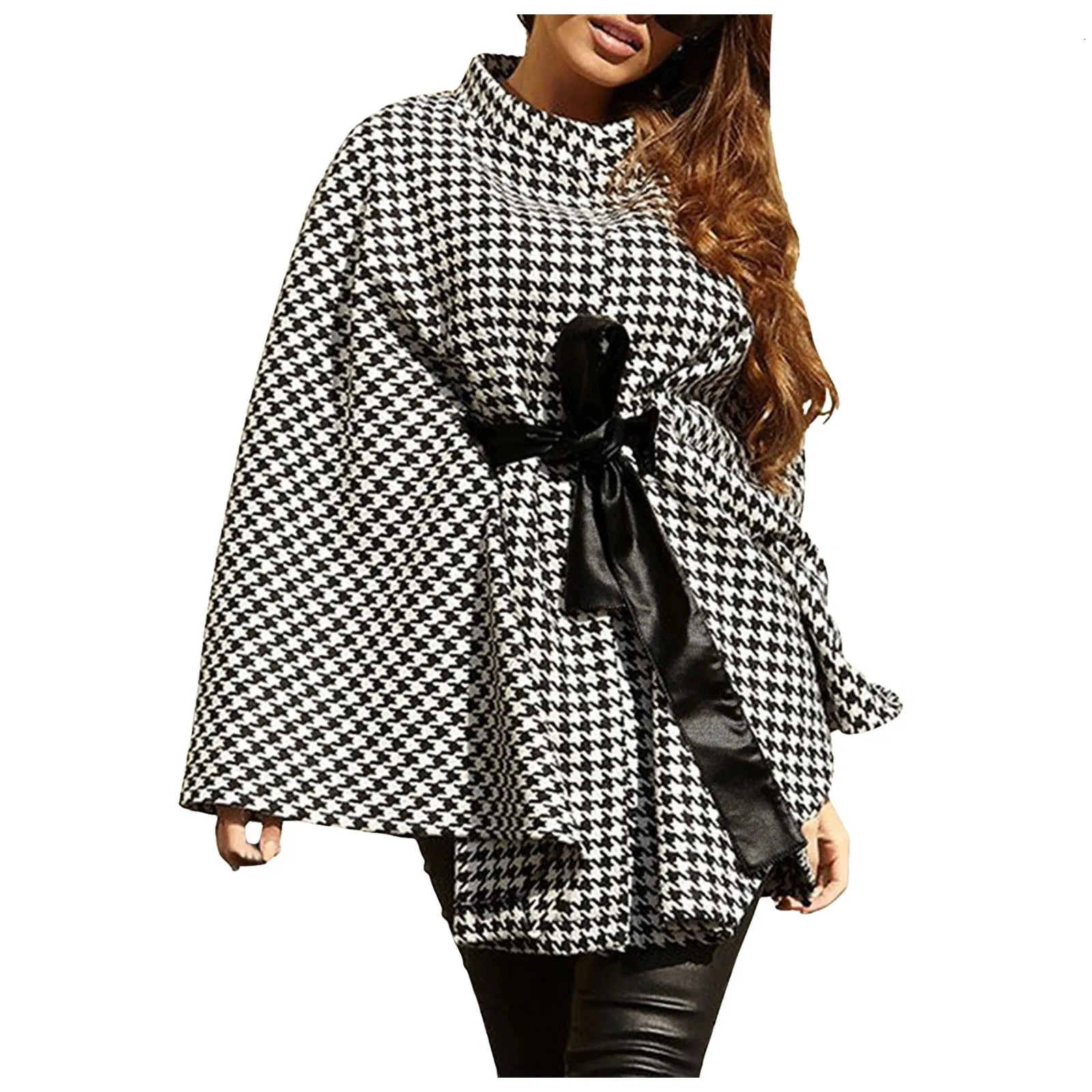 Women Winter Coats Arrival Loose Oversized Cloak Top Fashion Vintage Black White Plaid Korean Style y Warm Jacket 241018