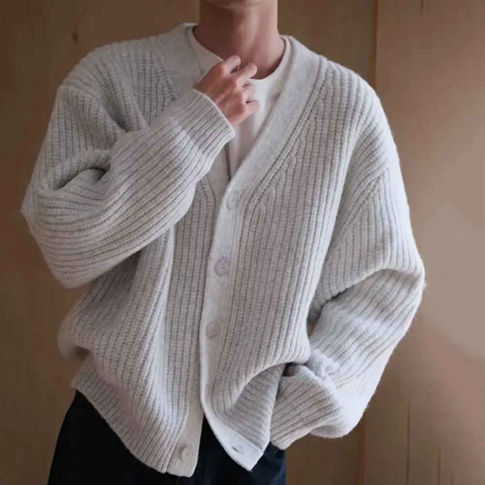 Winter Fall Men Cardigan Sweater Singlebreasted V Neck Thick Knitted Long Sleeve Elastic Warm Coat 241018