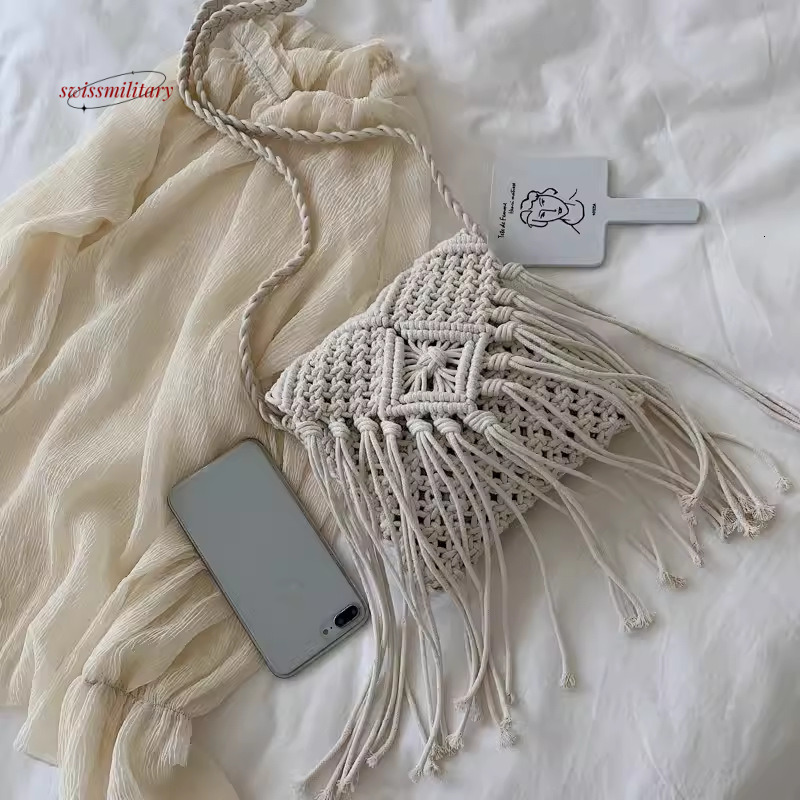 Tassel grass Bohemian hand woven small square single shoulder diagonal cross bag, beach bag for women #23 swissmilitary