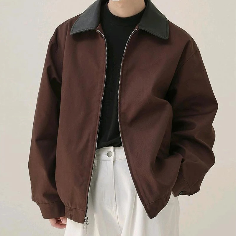 Male Stitching PU Jackets Winter Fashion Solid Color Loose Zipper Outwear Autumn Mens Long Sleeve Leather Motorcycle Coats 241018