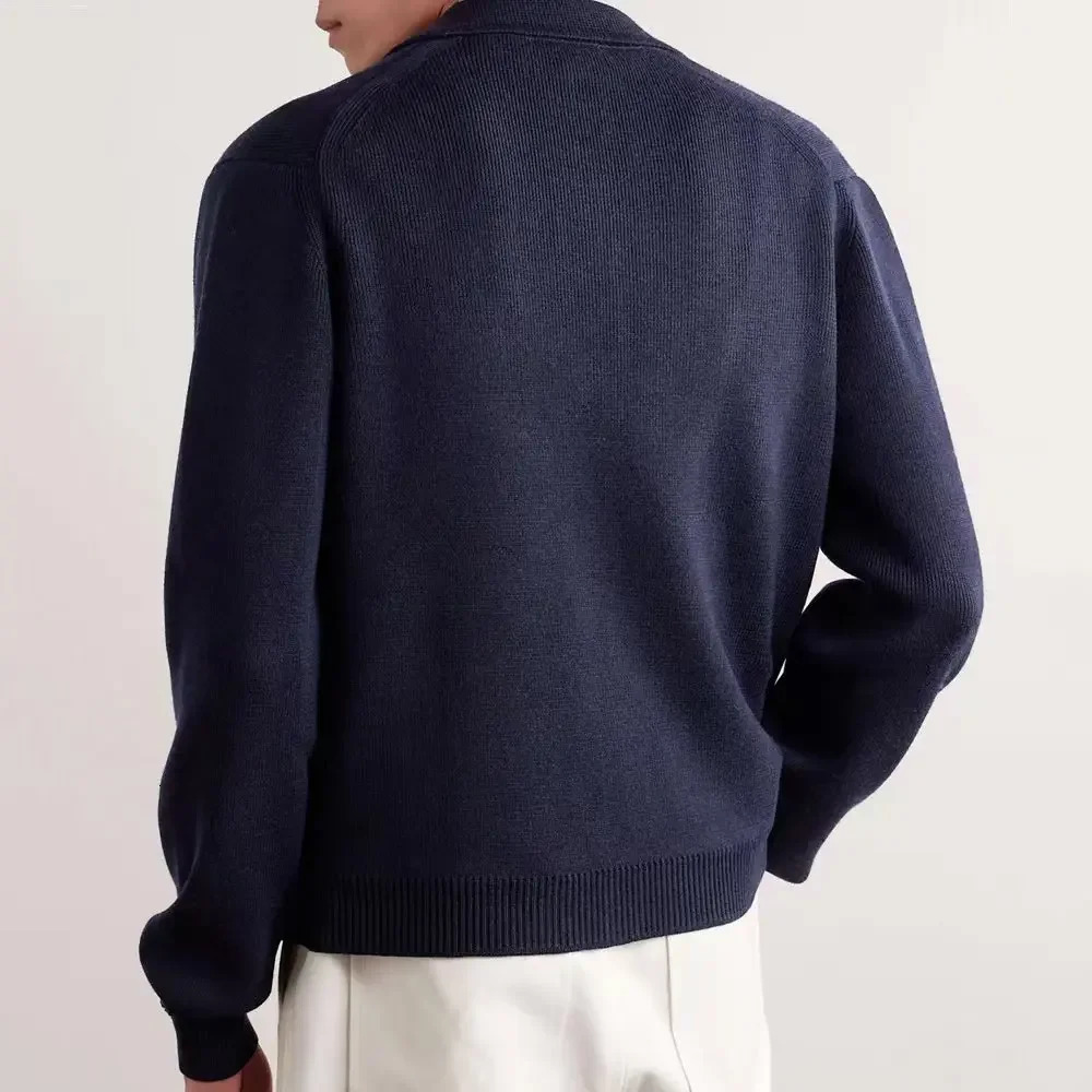 American Mens Pure Color Turnover Collar Patch Pocket 12gauge Knitted Sweater Coat with Casual Style for Autumn and Winter 241018