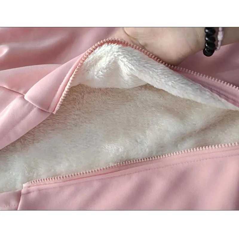 Pink Plus Velvet Hooded Sweatshirts Women Autumn Winter Zipper Thicken Warm Hoodies Woman Korean Student Lamb Wool CoatX241018