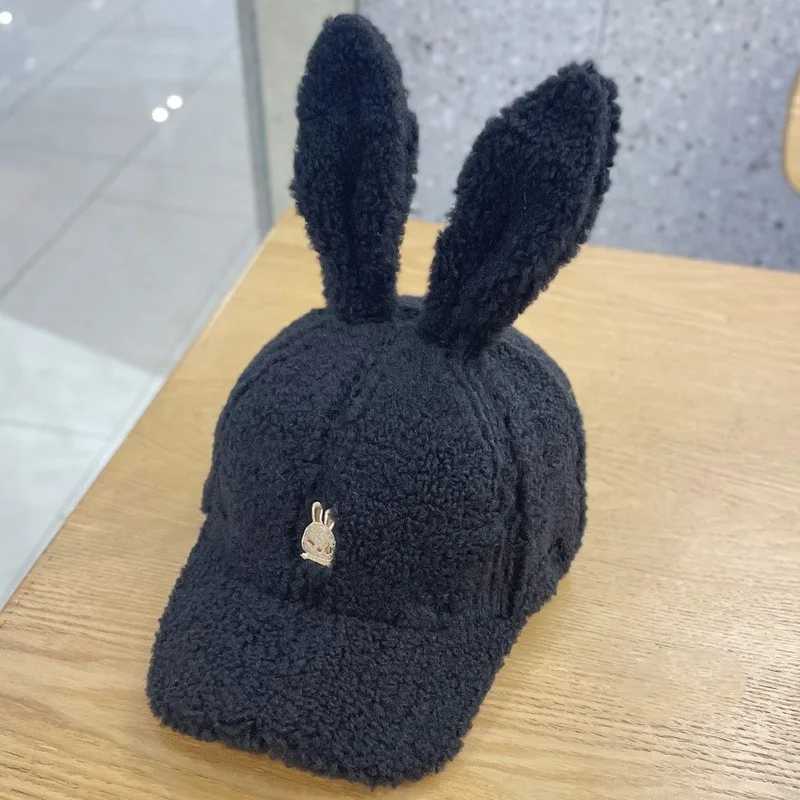 Casual Cute Rabbit Ears Baseball Cap Fall and Winter Show Face Small Hundred with Lambs Wool Duck Tongue Hat Warm Rebound CapX241018