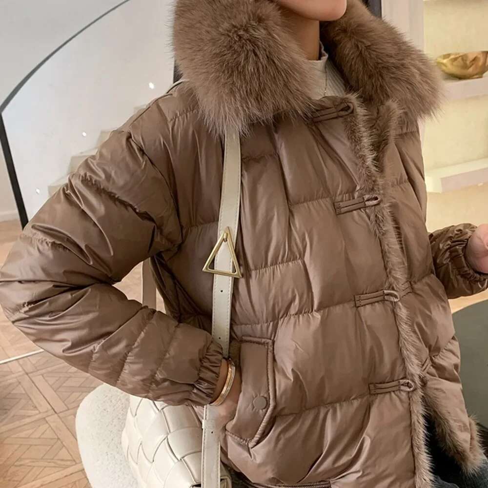 Short Warm Puffer Coat Female Vintage Real Fox Fur Loose White Duck Down Jacket Ladies Winter Women Parka Outerwear