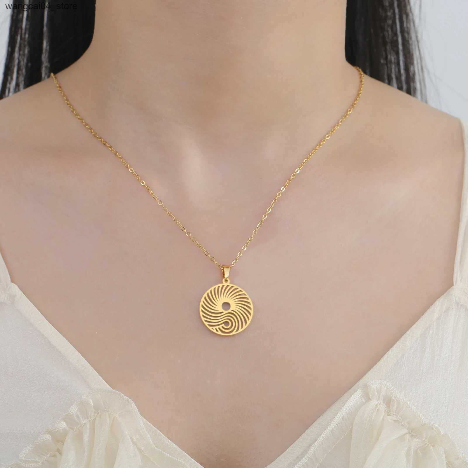 Chokers Cazador stainless steel sun wave hollow circular pendant necklace womens spiral rotating necklace jewelry birthday gift 2024 trend L240910