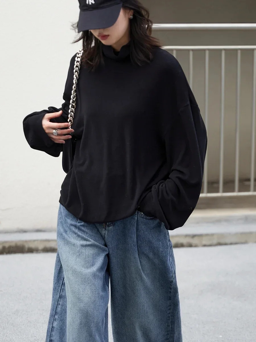 CHIC VEN Women TShirts Loose Long Sleeve Solid High Collar Basic Tees Warm Woman Tops Winter Autumn 241018