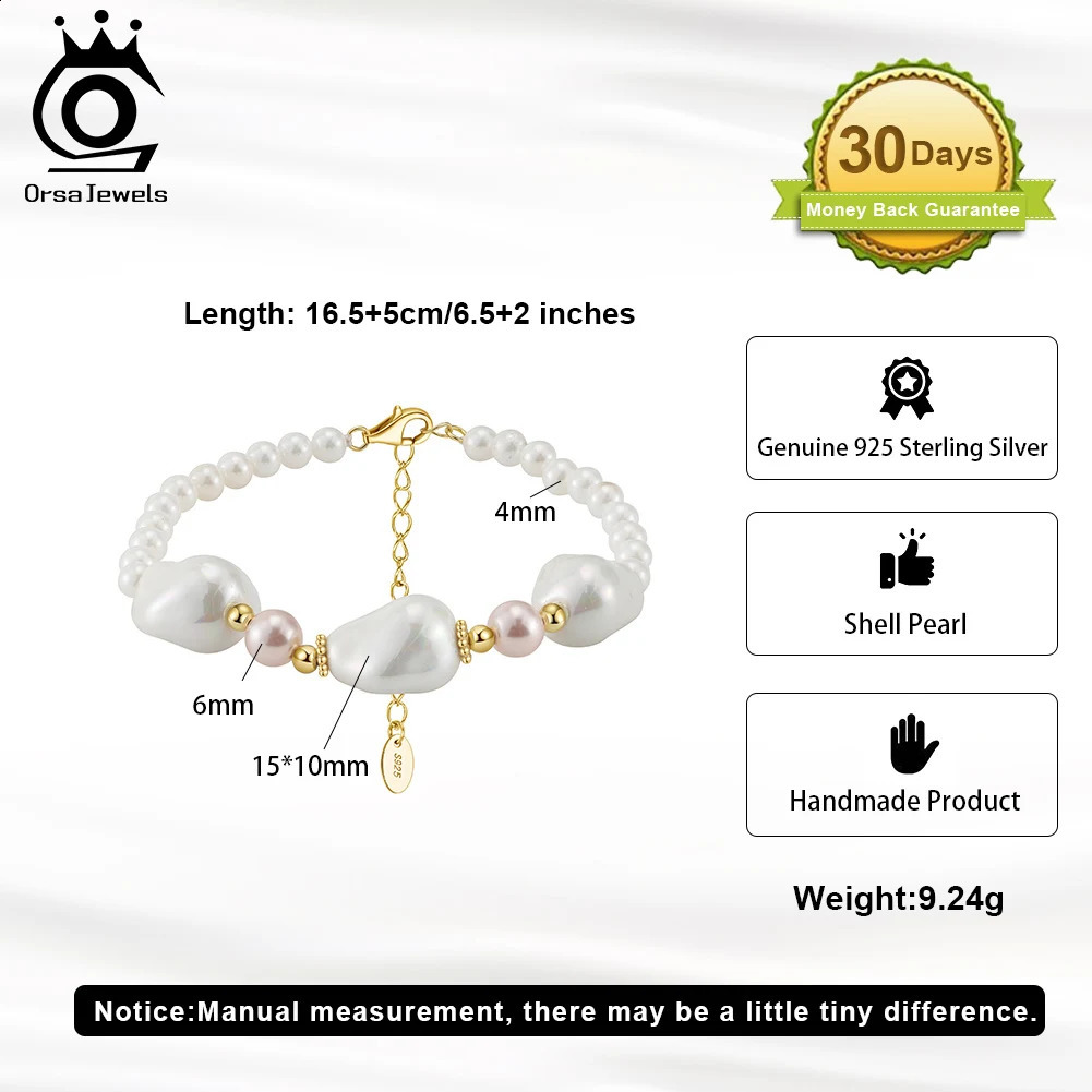 ORSA JEWELS Lucky Shell Pearl Bracelet 925 Pure Silver Irregular Shell Pearl Bracelet Party Jewelry Women PSB02 241017