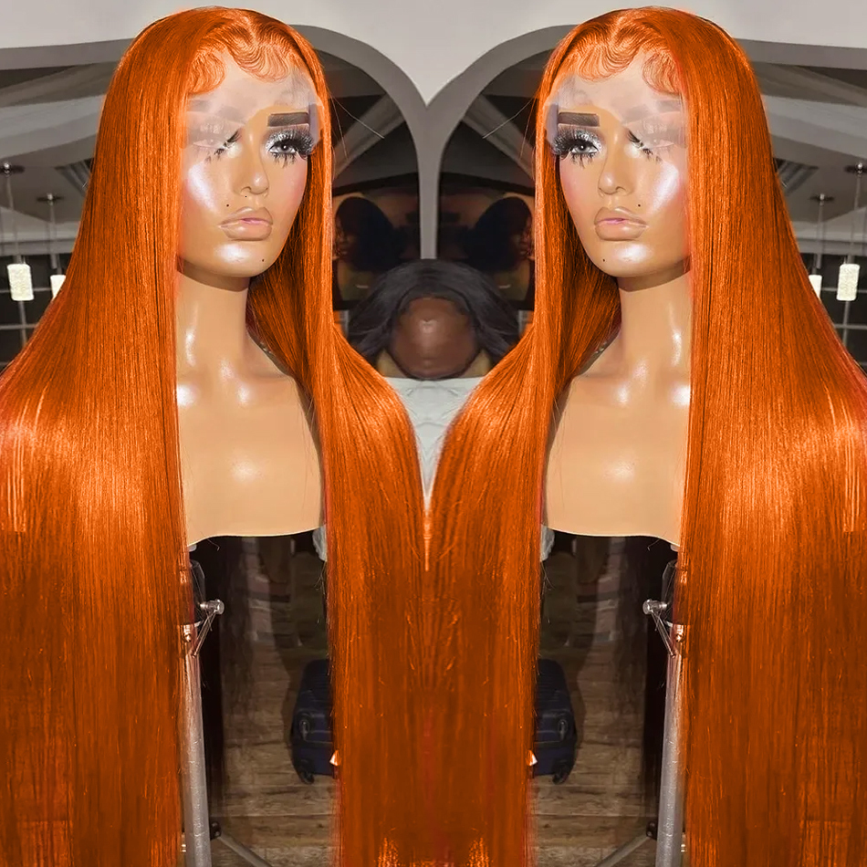 250% 30 38 Inch Ginger Orange Bone Straight 13X6 Front Human Hair Wig Brazilian 13X4 HD Transparent Lace Frontal Wigs