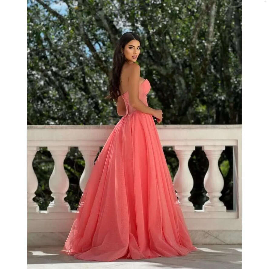 Evening Side Fancy Dresses Split Prom Gown A E Strapless Tulle Party Dress Backless Custom Made Satin Vestidos De Noche 0719