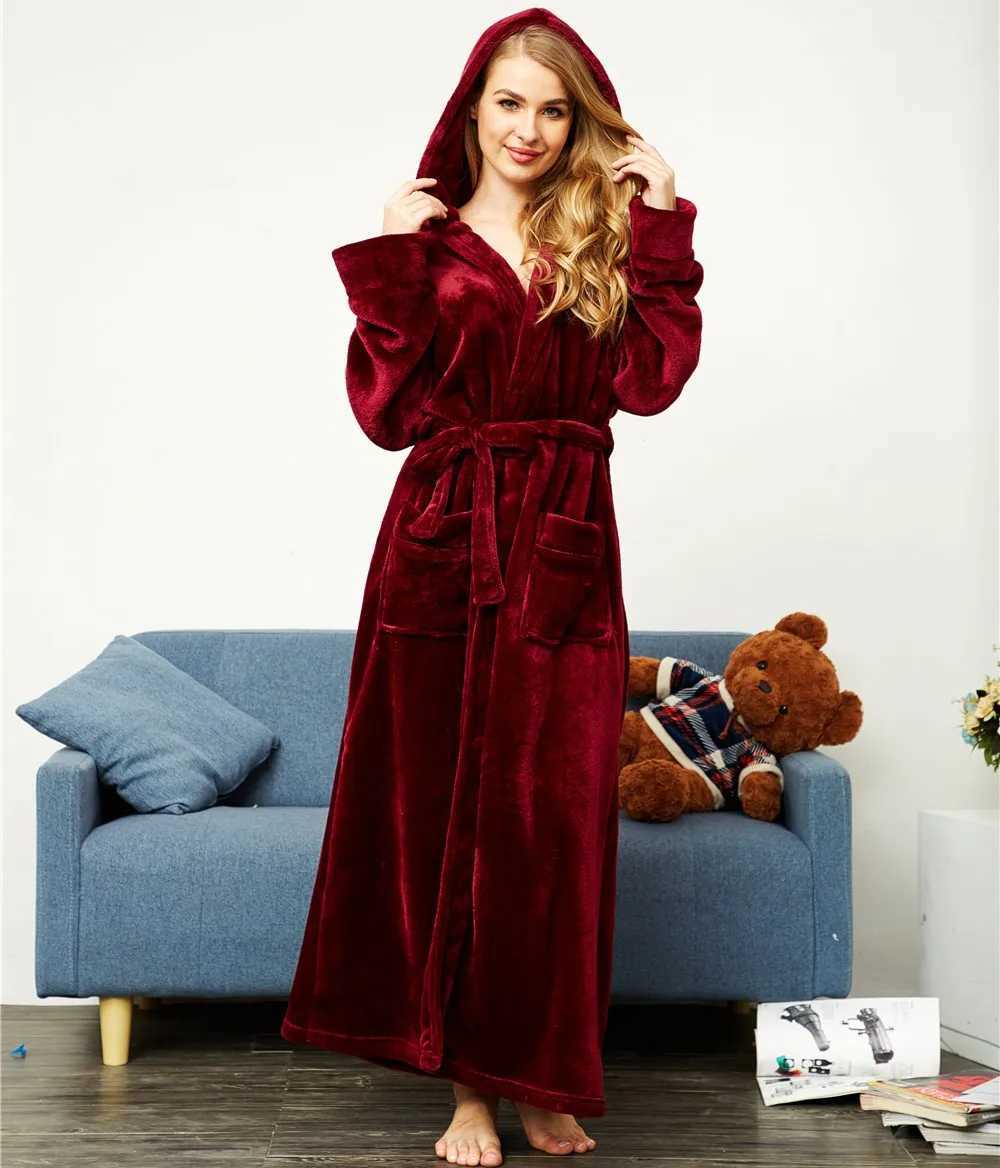 Lovers Coral Fleece Long Robe Winter Hooded Sleepwear Warm Thick Bathrobe Gown Couple Nightwear Coral Fleece Kimono GownXJ241018