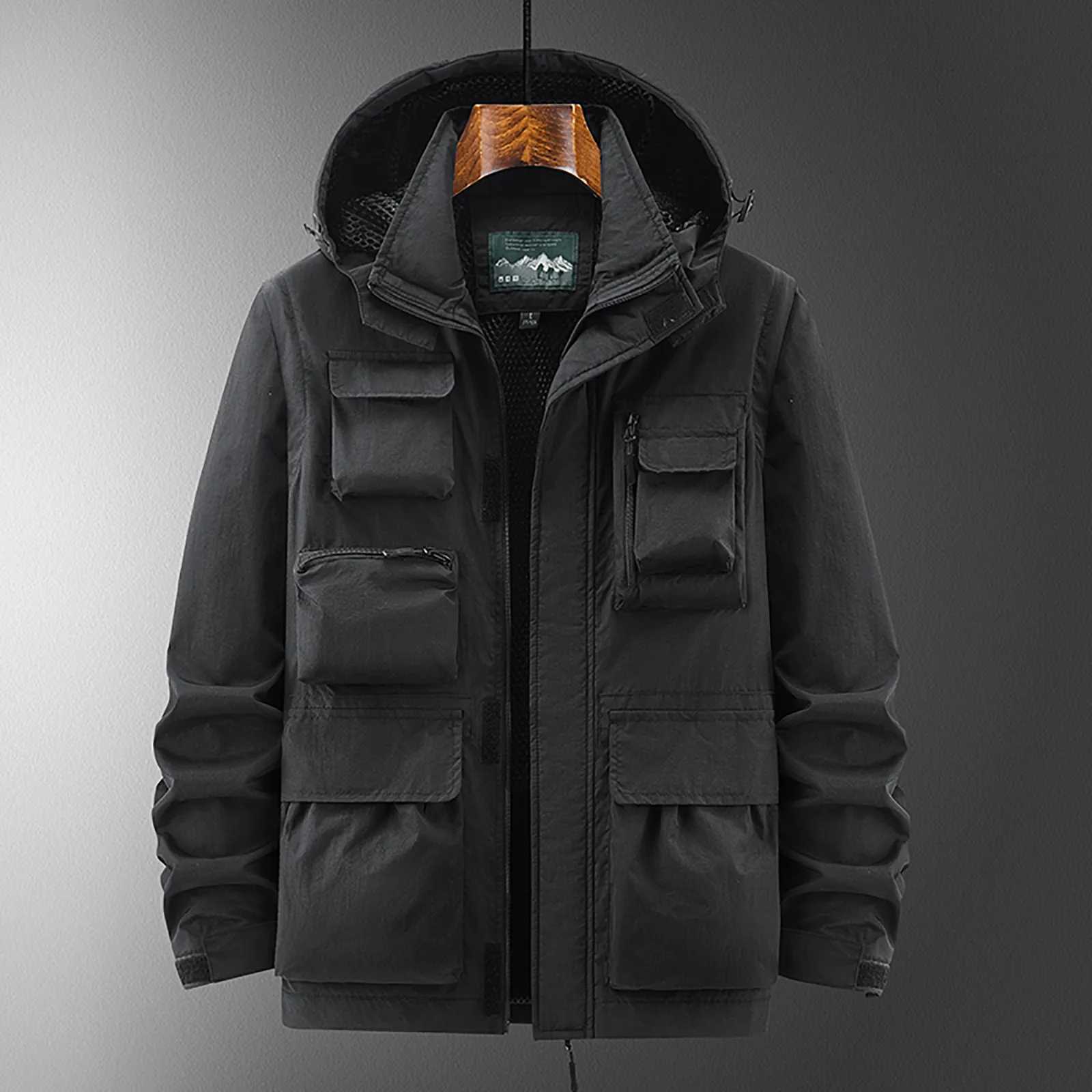 MenS Multi-Pocket Military Windbreaker Jacket Casual Detachable Sleeve Hooded Coat Waterproof Tactical Bomber Army Cargo Jacket LX241018