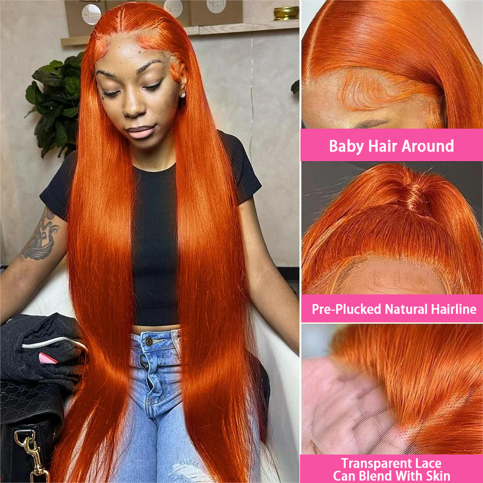 250% 30 38 Inch Ginger Orange Bone Straight 13X6 Front Human Hair Wig Brazilian 13X4 HD Transparent Lace Frontal Wigs
