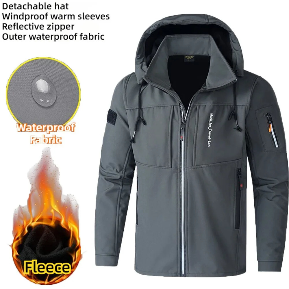 KB Mens Outdoor Jackets Fleece Lining Windbreaker Waterproof Winter Warm Jacket for Men Detachable Hat Coats 241018