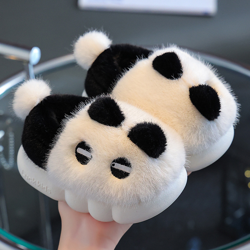 Panda children's cotton slippers for girls, indoor anti slip and warm with plush fur, boys' baby autumn and winter cotton slippers