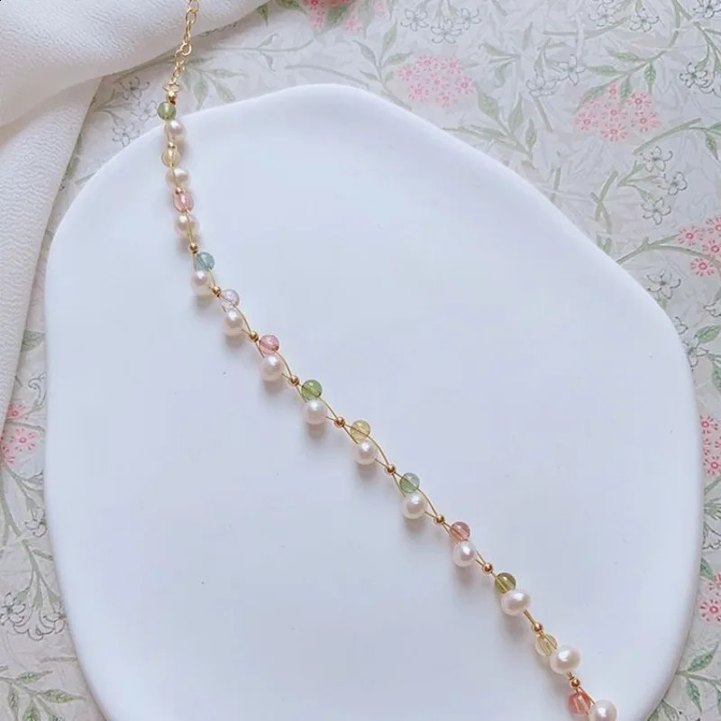 Minar Chic 14K Gold Copper Chain Rainbow Tourmaline Natural Stone Crystal Freshwater Pearl Bead Necklace 241018