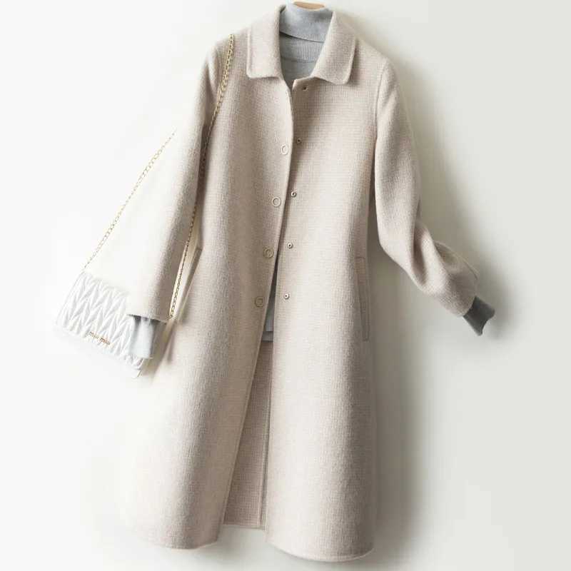 New Women Jacket Winter Woolen Coat Elegant Turn Down Collar Plaid Long Woolen Coat Single-breasted Warm Coat Casaco FemininoX241009