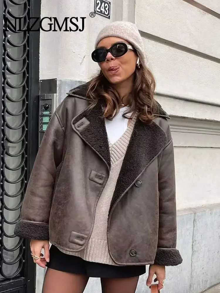 TRAF 2023 Winter Womens New Vintage Thick Lapel Faux Leather Lambswool Jacket Single Breasted Pocket Street Warm Coats OutwearX241018