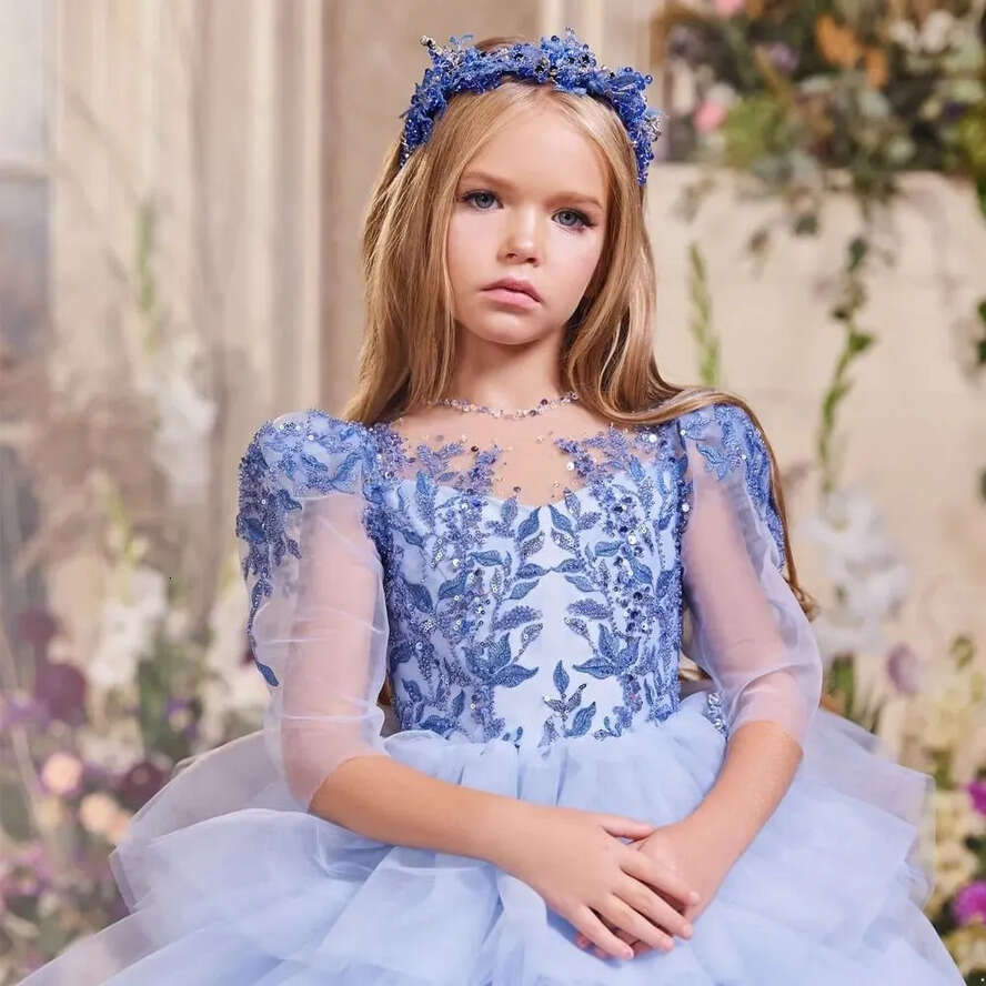 Girls Tiere Dresses Wer Baby Blue Ruffles Ball Bead Kids Formal Gown Half Sleeve Princess Child Special Ocn Dress Custom Made