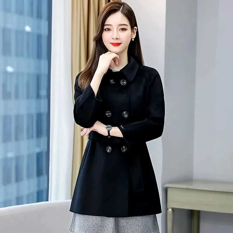 Fashion Double Breasted Red Woolen Jacket Womens Coat Tops New 2024 Spring Autumn Korean Woolen Blend Windbreaker OuterwearX241009