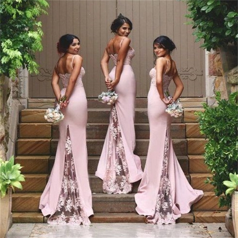 Elegant Pink Bridesmaid Dresses With Lace Sexy Spaghetti Straps Mermaid Wedding Guest Dress Satin Sweep Train Formal Evening Prom Dress Robe De Soiree