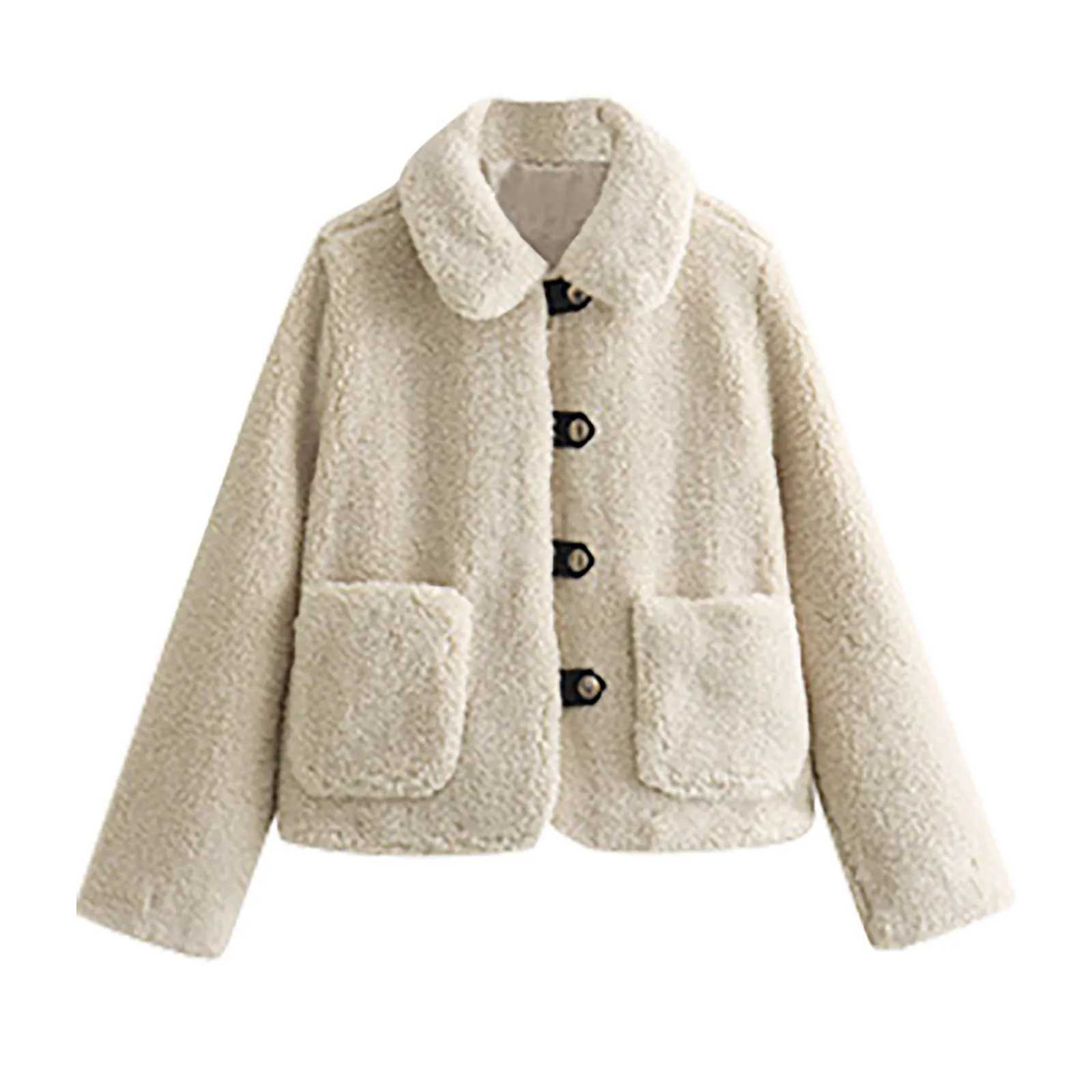 Fall/Winter Solid Color Lapel Short Jacket Women Fleece Cold Weather Warm Lamb Wool Jackets Single Breast Casual Comfy CoatX241018
