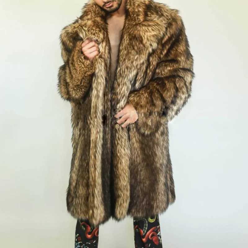 Mens autumn and winter thick Maxi faux fox fur coat jacket long sleeved warm luxury fur black park Bontjas fur furry coat W241009
