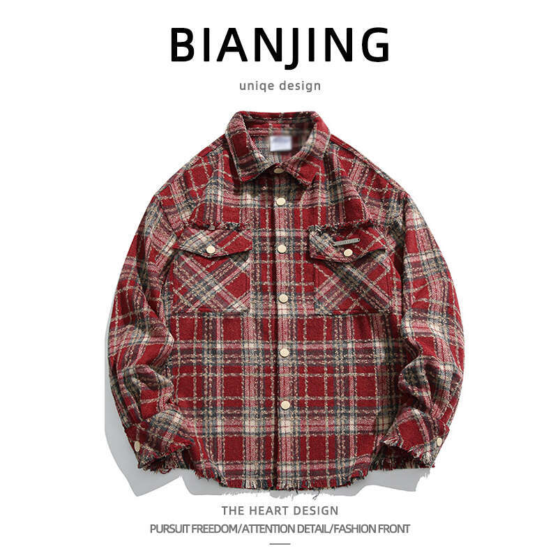 shanshi Men's shirts American plaid brushed long sleeved shirt men high street fashion brand spring and autumn niche high-end personalized jacket