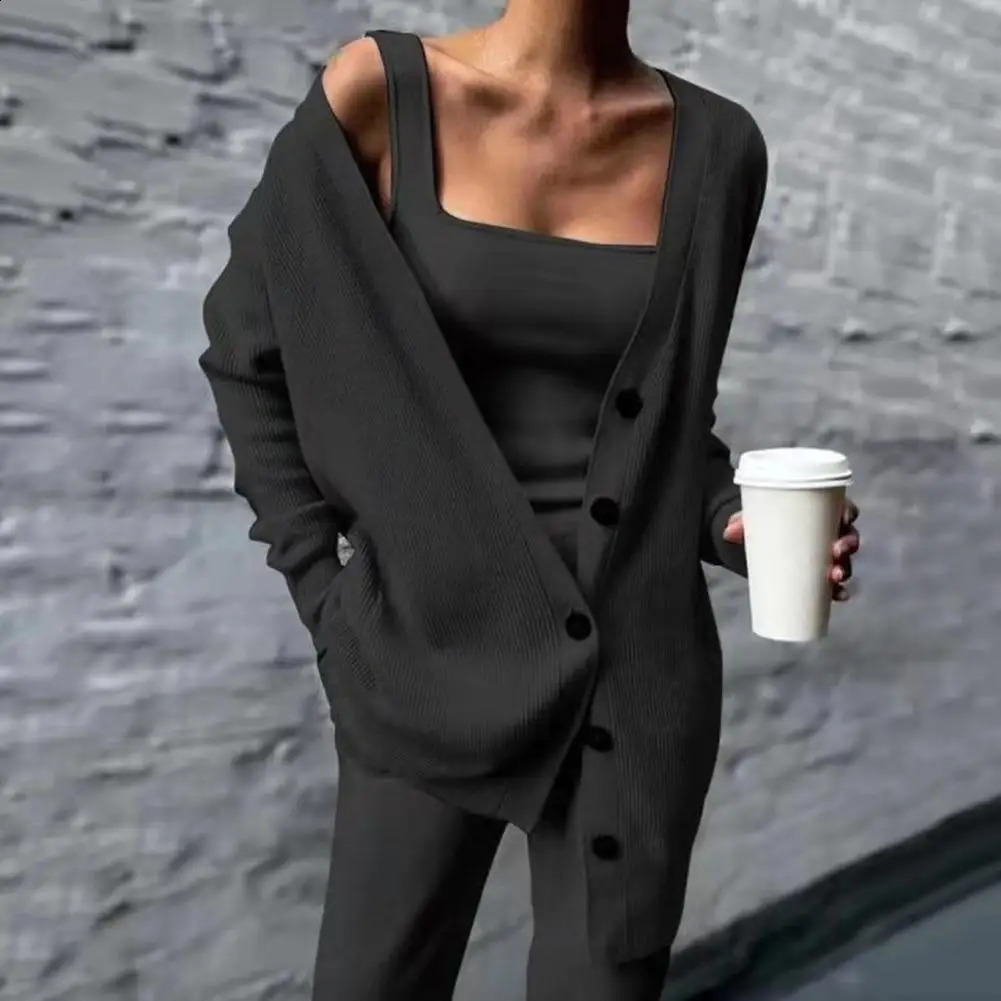 Women Three Pices Set Autumn Winter Knitted Solid Cardigan Tops Tank Top And Casual Loose Long Pants Female Suit Tracksuit 241017
