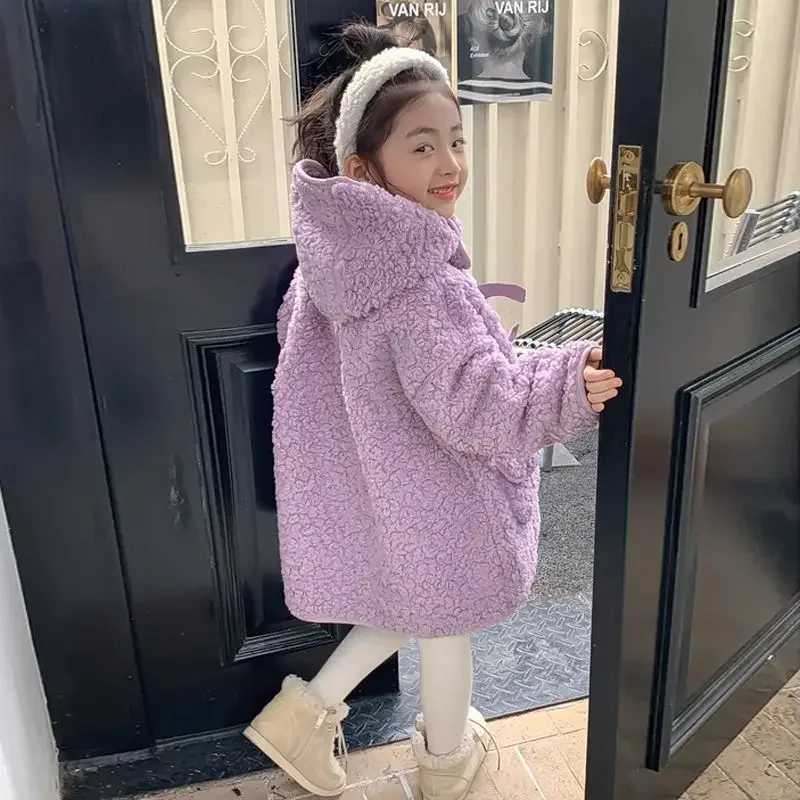 Womens plush jacket wool autumn and winter thick and fashionable medium length cashmere hoodie simple purple M241018